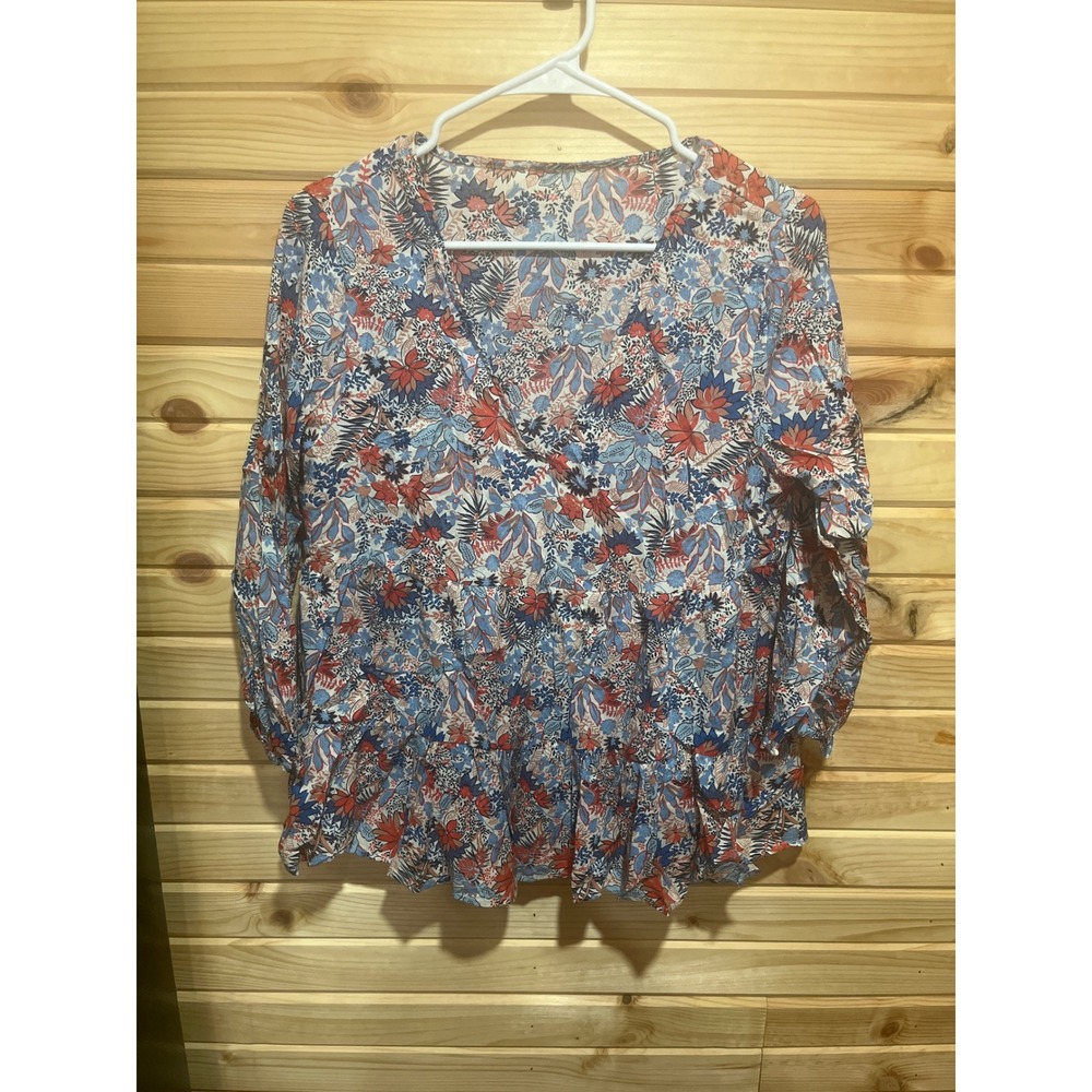 Floral V-Neck Peplum Blouse Blue Red Surplice Long Sleeve Boho Top